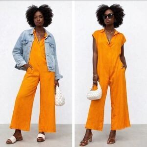 Zara textured ankle jumpsuit jacquard collared raw hem orange size xs